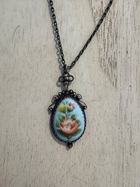 Vintage Blue Porcelain Floral Cameo Flowers  Pendant Necklace